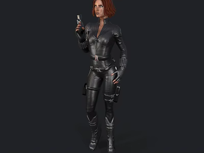 Red Haired Woman In Black Tight Leather Suit Holding A Gun And Standing Upright 3d model