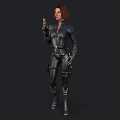Red Haired Woman In Black Tight Leather Suit Holding A Gun And Standing Upright