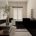 Modern Bathroom Interior With Large Mirror Floating Vanity White Toilet Glass Shower And Decorative Plant
