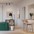 Living and Dining Room Interior With Green Sofa Round Coffee Table Piano And Blinds