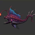 3D Render of Mythical Fantasy Fish with Pink Blue Scales Glowing Lantern and Sharp Teeth