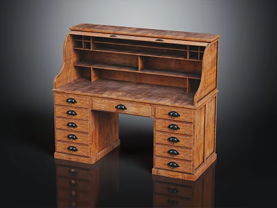Classic Wooden Desk With Multiple Drawers And Open Shelf Storage Compartments 3d model