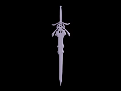 White sword with decorative hilt and intricate blade design against black background 3d model