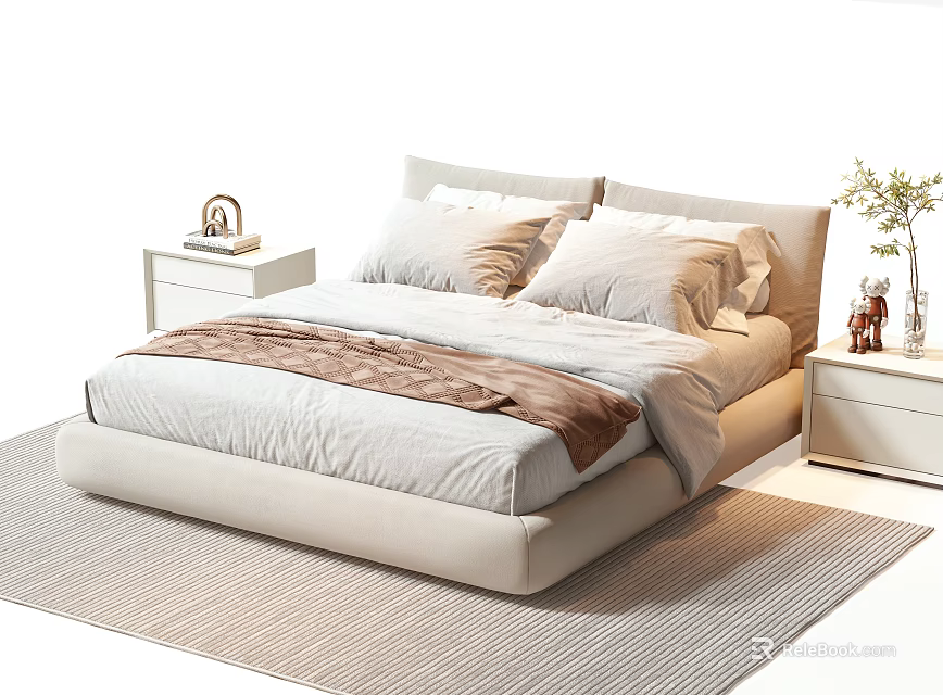 Modern Double Bed With Light Colored Sheets Brown Blanket And Bedside Tables With Green Plants 3d model 