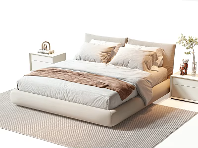Modern Double Bed With Light Colored Sheets Brown Blanket And Bedside Tables With Green Plants 3d model