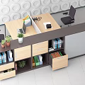 Modern Bookcase Storage Unit With Multiple Compartments Drawers Closed Cabinets Files And Potted Plants