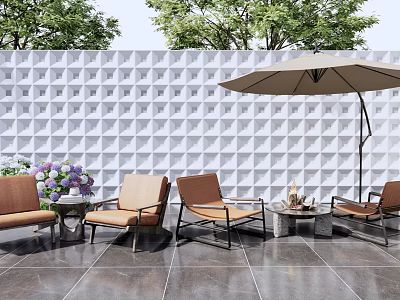 Outdoor Table And Chair Set With Brown Leather Seats And Umbrella 3d model