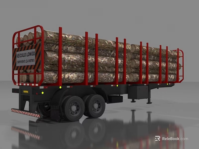 Public Facility Log Transportation Trailer With Red Railings And Loaded Logs 3d model 