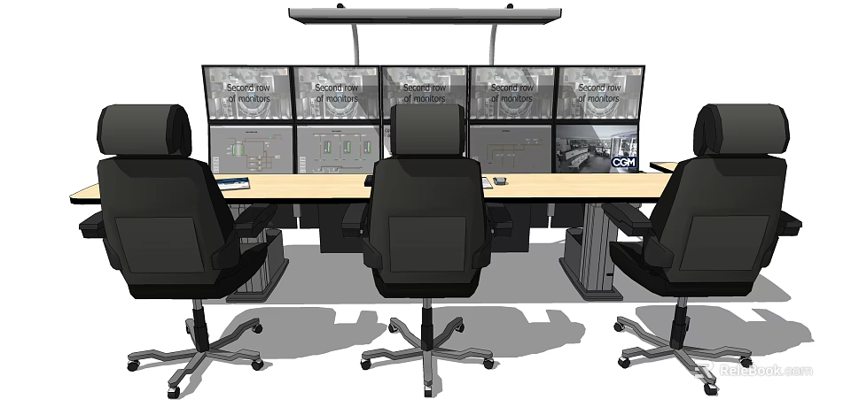 Modern Public Office Area With Ergonomic Chairs Long Desk And Multiple Monitors 3d model 