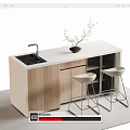 Modern Bar Counter With White Countertop Wooden Cabinet Sink Faucet Black Vase And Stools