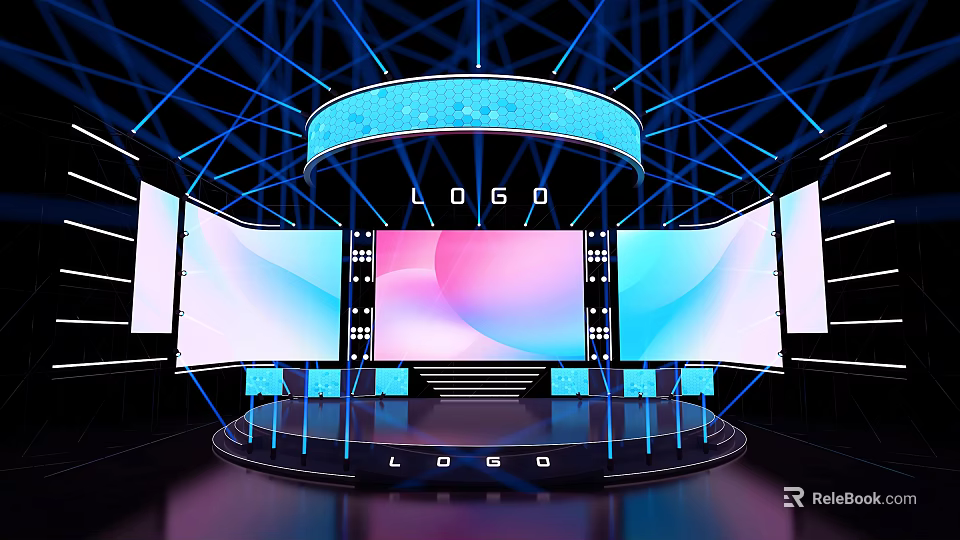 Modern Stage Design With Large Curved Screens Logo Display And Blue Lighting 3d model 