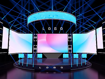 Modern Stage Design With Large Curved Screens Logo Display And Blue Lighting 3d model