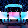Modern Stage Design With Large Curved Screens Logo Display And Blue Lighting