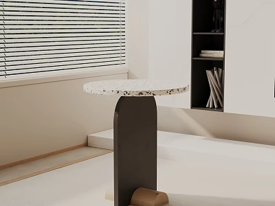 Minimalist Round Terrazzo Top Side Table With Black Base Near Window Blinds 3d model