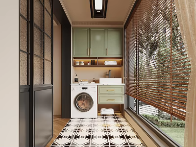 Green Balcony Cabinet with Washing Machine Bamboo Blinds and Geometric Floor Tiles in Modern Balcony 3d model