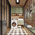 Green Balcony Cabinet with Washing Machine Bamboo Blinds and Geometric Floor Tiles in Modern Balcony