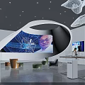 Modern Exhibition Hall Interior With Curved Screen Human Image And Unique Furniture