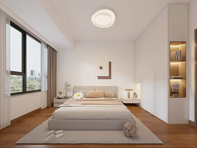 Modern Bedroom Interior With Cozy Bed Wooden Floor Large Window Curtains And Round Ceiling Light 3d model