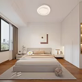 Modern Bedroom Interior With Cozy Bed Wooden Floor Large Window Curtains And Round Ceiling Light