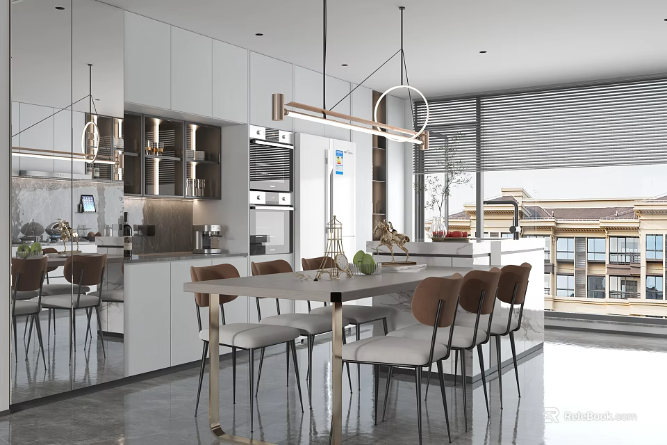 Modern Dining Living Space Interior With White Cabinets Dining Table And Hanging Lights 3d model