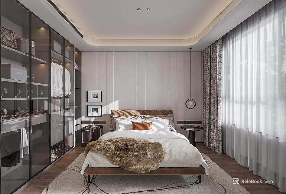 Modern Bedroom Interior Design With Bed Glass Closet Curtains And Wooden Floor 3d model 