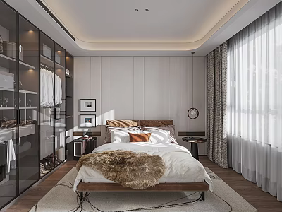 Modern Bedroom Interior Design With Bed Glass Closet Curtains And Wooden Floor 3d model