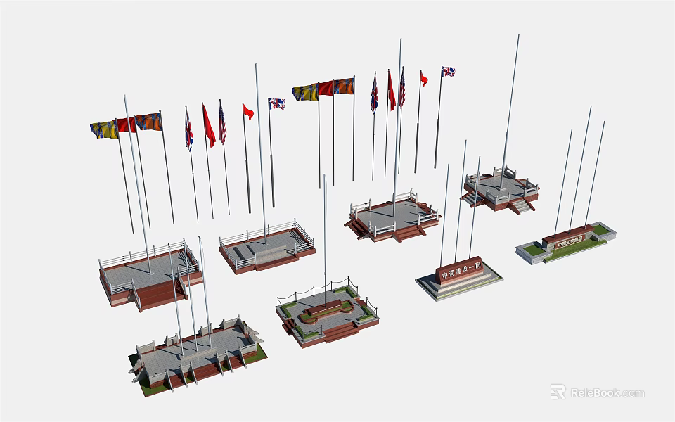 Various National Flags On Flagpoles With Different Platforms And Bases 3d model 