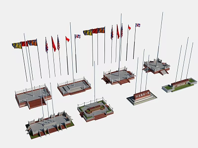 Various National Flags On Flagpoles With Different Platforms And Bases 3d model