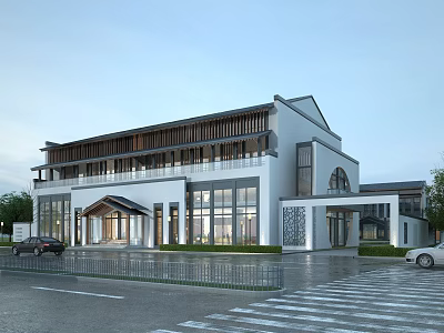 Modern Office Building With White Exterior Large Glass Windows Front Porch And Parking Area 3d model