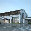 Modern Office Building With White Exterior Large Glass Windows Front Porch And Parking Area