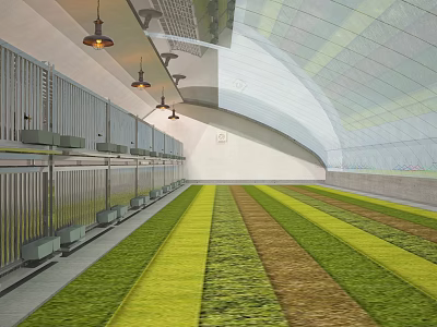 Indoor Agricultural Facility With Rows Of Greenery And Hanging Lights 3d model