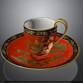 Red And Gold Teacup With Saucer Featuring Dragon Patterns And Building Motifs With Gold Trim
