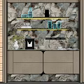 Elegant Modern Sideboard With Marble Backdrop And LED Strip Lights On Shelves