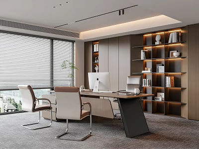Modern Office Interior With Wooden Bookshelves Large Windows And Ergonomic Chairs 3d model