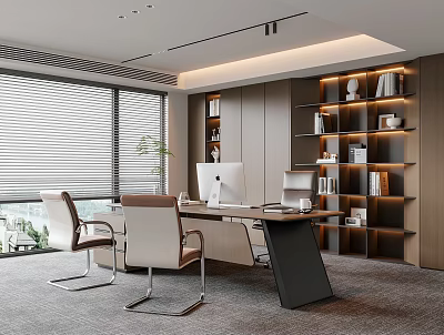 Modern Office Interior With Wooden Bookshelves Large Windows And Ergonomic Chairs 3d model