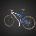 Stylish Mountain Bicycle With Blue And Silver Frame Red Saddle Suspension Fork And Large Wheels