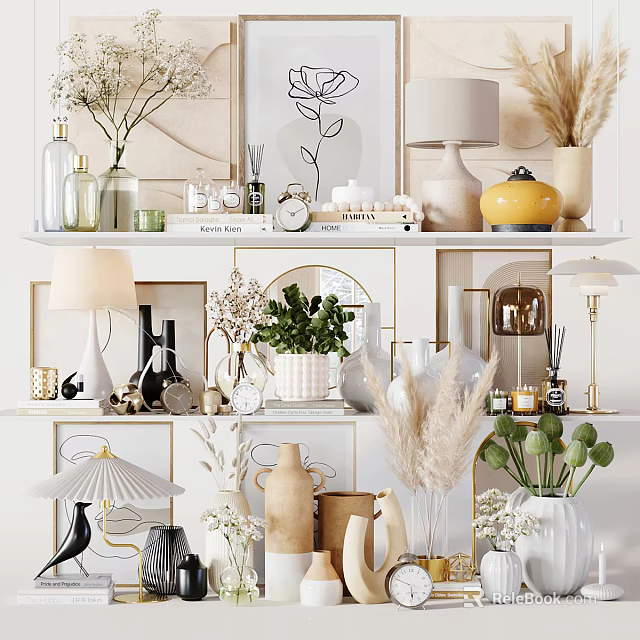 Stylish Decorative Ornament Collection With Vases Lamps Green Plants And Artworks On Display Shelves 3d model 