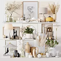 Stylish Decorative Ornament Collection With Vases Lamps Green Plants And Artworks On Display Shelves