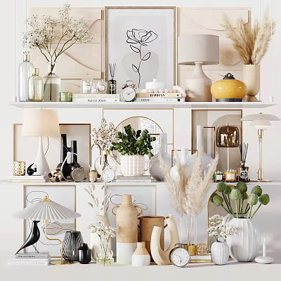 Stylish Decorative Ornament Collection With Vases Lamps Green Plants And Artworks On Display Shelves 3d model