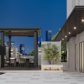 Modern Outdoor Garden Landscape With Pavilion Dining Set Green Plants And City Skyline