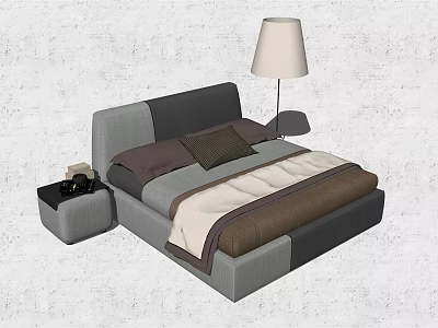 Double Bed With Gray Dark Gray Headboard Brown Beige Bedding And Nightstand Table Lamp 3d model