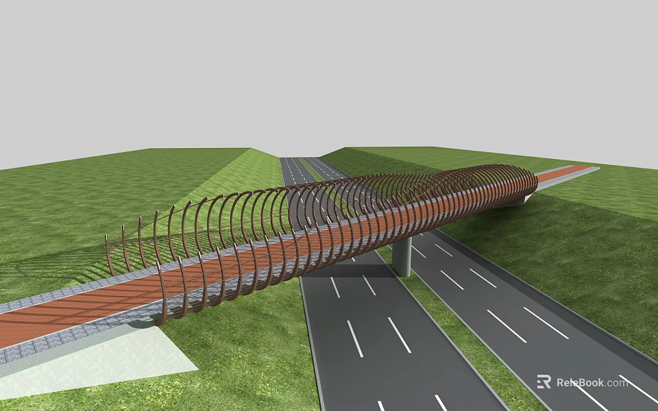 Modern Curved Bridge With Metal Frame Red Deck Over Multi Lane Highway And Green Fields 3d model 