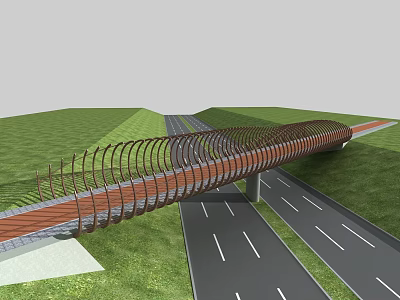 Modern Curved Bridge With Metal Frame Red Deck Over Multi Lane Highway And Green Fields 3d model