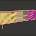 Modern Wooden TV Stand With Vertical Slatted Doors Open Shelf And Slim Legs