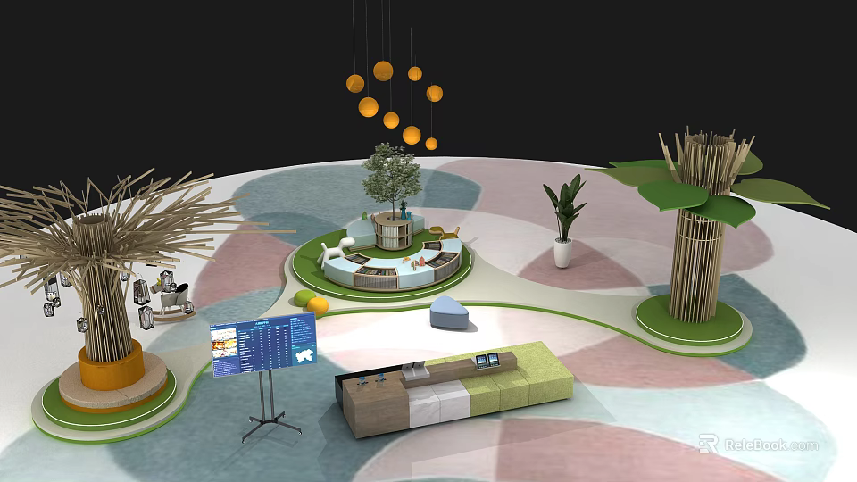 Modern Indoor Exhibition Space With Colorful Geometric Flooring Hanging Lights Green Plants And Sofa 3d model 