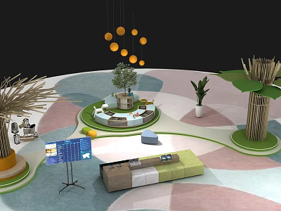 Modern Indoor Exhibition Space With Colorful Geometric Flooring Hanging Lights Green Plants And Sofa 3d model