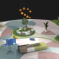 Modern Indoor Exhibition Space With Colorful Geometric Flooring Hanging Lights Green Plants And Sofa