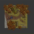 3D Model of Natural Outdoor Scene With Red Trees and Small Houses