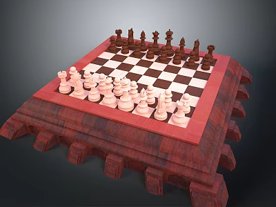 Chessboard With Wooden Fortress Style Base Displaying Black And White Pieces 3d model