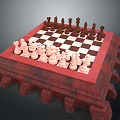 Chessboard With Wooden Fortress Style Base Displaying Black And White Pieces